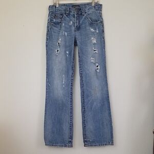 MEK DNM Distressed Faded Stained Flare Blue Button Jeans Read Size Below 33 X 32